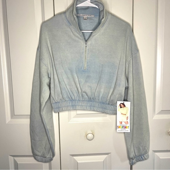 NWT Celebrity Pink Garment Dyed Crop Quarter Zip Sweatshirt Size Medium Blue New - Picture 1 of 8